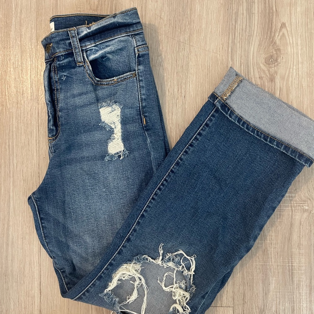 Sneak Peek High Rise Distressed Blue Jeans